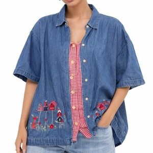 Maggie Max Denim Shirt Women 2X Embroidered Patriotic Birdhouse Layered Top Folk